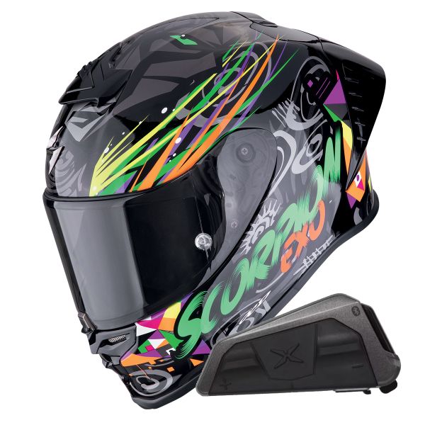 Integrale Scorpion Exo R1 Evo II Air Savage Green Orange + Kit bluetooth Exo-Com Link-1