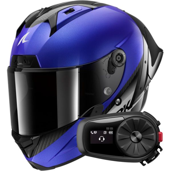 Integrale Shark Aeron GP Blank SP Carbon Blue Anthracite + Kit Bluetooth 5S Solo