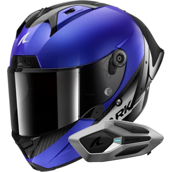 Integrale Shark Aeron GP Blank SP Carbon Blue Anthracite + Kit Bluetooth Sena Mesh