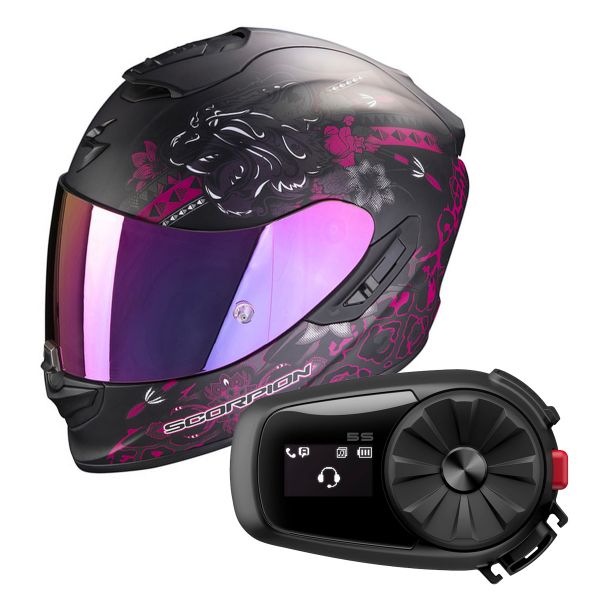 Pack Casco Moto + Kit Bluetooth : Scorpion Exo 1400 Air Toa Matt Black Pink  + Kit Bluetooth 5S Solo | iCasque.it