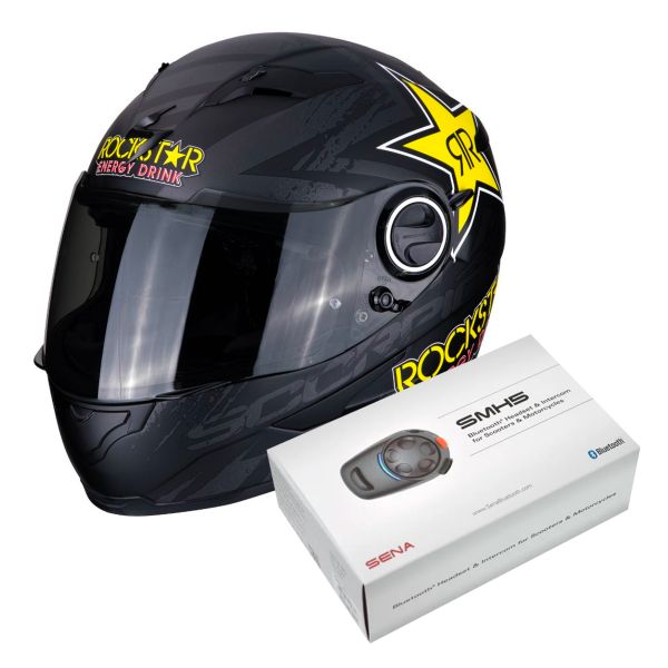 Integrale Scorpion Exo 490 Rockstar Nero Giallo Rosso + Kit Bluetooth Sena SMH5 Solo