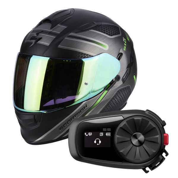 Pack Casco Moto + Kit Bluetooth : Scorpion Exo 510 Air Route Matt Black  Green + Kit Bluetooth 5S Solo | iCasque.it
