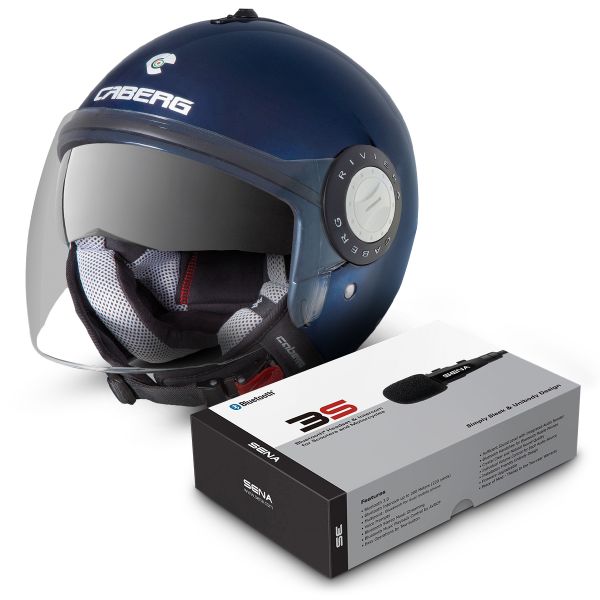 Jet Caberg Riviera V2+ Blue Midnight + Bluetooth Kit Sena 3s