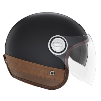Casque Jet NOX Heritage Matt Black Leather Brown Casque Jet NOX Heritage Matt Black Leather Brown