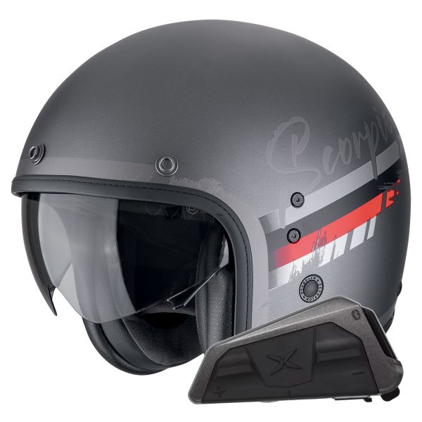 Jet Scorpion Belfast Evo Adonis Silver Mat Red + kit Exo-Com Link-1 Bluetooth Jet Scorpion Belfast Evo Adonis Silver Mat Red + kit Exo-Com Link-1 Bluetooth