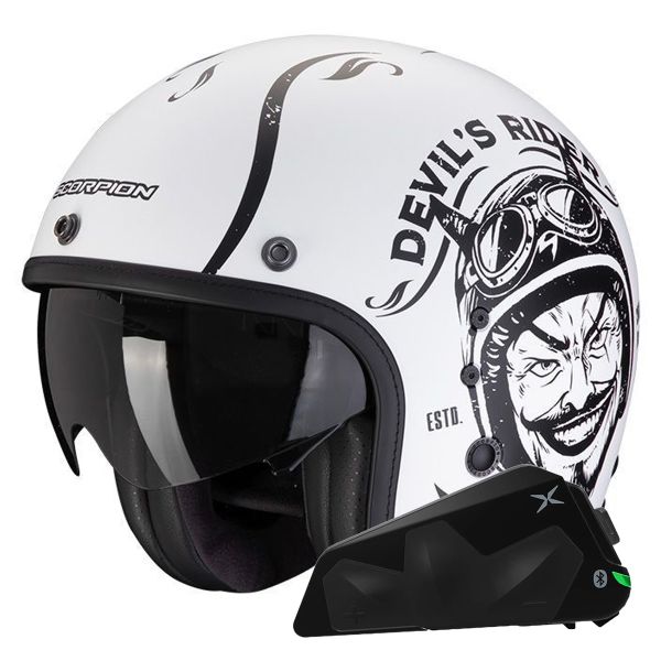 Jet Scorpion Belfast Evo Romeo Bianco Opaco Nero + Kit Bluetooth Exo-Com Link-1C