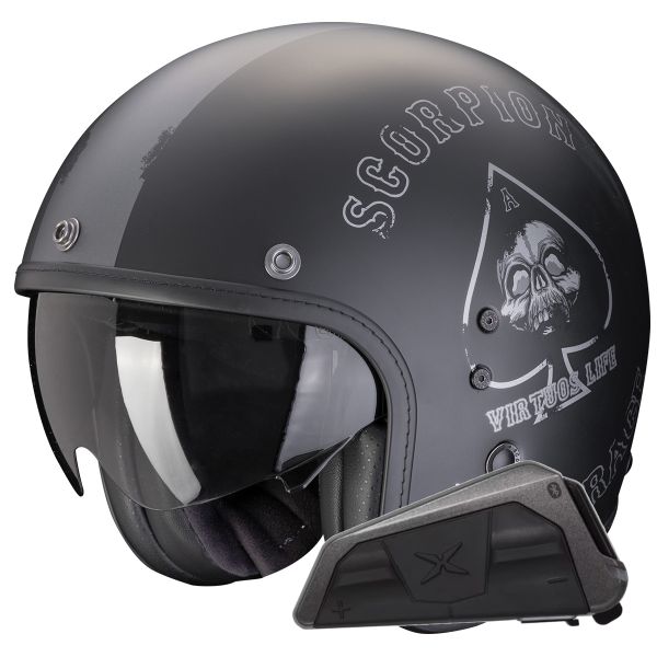 Jet Scorpion Belfast Evo Spade Nero Opaco Argento + Kit Bluetooth Exo-Com Link-1 Jet Scorpion Belfast Evo Spade Nero Opaco Argento + Kit Bluetooth Exo-Com Link-1
