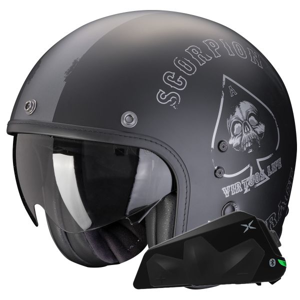 Jet Scorpion Belfast Evo Spade Nero Opaco Argento + Kit Bluetooth Exo-Com Link-1C Jet Scorpion Belfast Evo Spade Nero Opaco Argento + Kit Bluetooth Exo-Com Link-1C