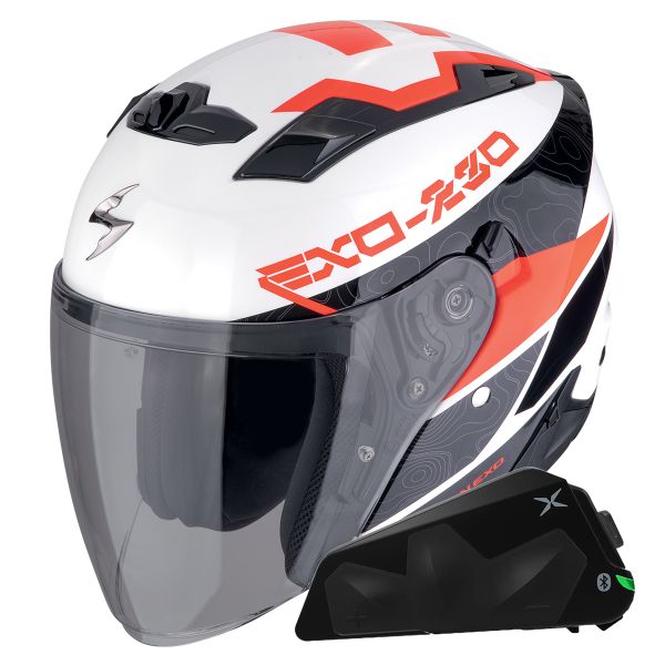 Jet Scorpion Exo 230 Band Nero opaco Rosso argento + Kit Bluetooth Exo-Com Link-1C