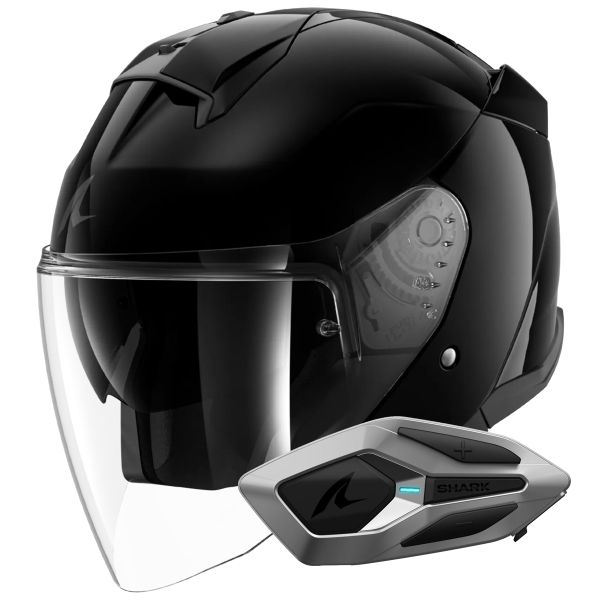 Jet Shark Skwal Jet Blank BLK + Kit Bluetooth Sena for Shark Mesh Solo