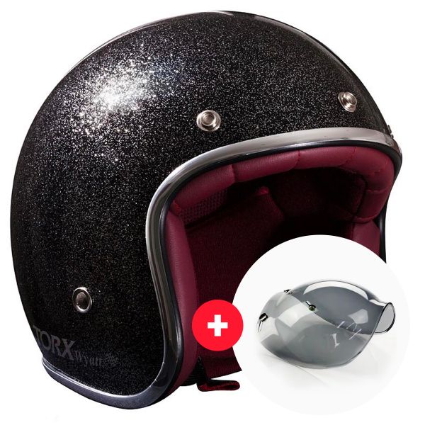 Pack Casco Moto + Visiera : Torx Wyatt Glitter Nero + Visiera Wyatt Bubble  3 Pressioni | iCasque.it