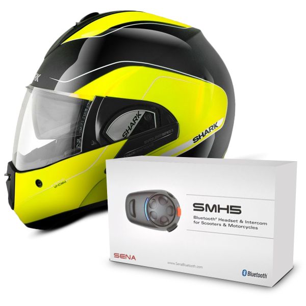 Modulare Apribile Shark Evoline Serie 3 Hi-Vis KYK + Sena SMH5 Bluetooth Kit Modulare Apribile Shark Evoline Serie 3 Hi-Vis KYK + Sena SMH5 Bluetooth Kit