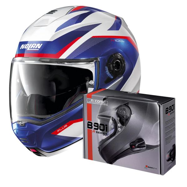 Modulare Apribile Nolan N100 5 Plus Overland N-Com White Blue 35 + Kit Bluetooth B901 R