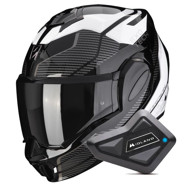 Modulare Apribile Scorpion Exo Tech Evo Animo Black White + Kit Bluetooth BT Mini