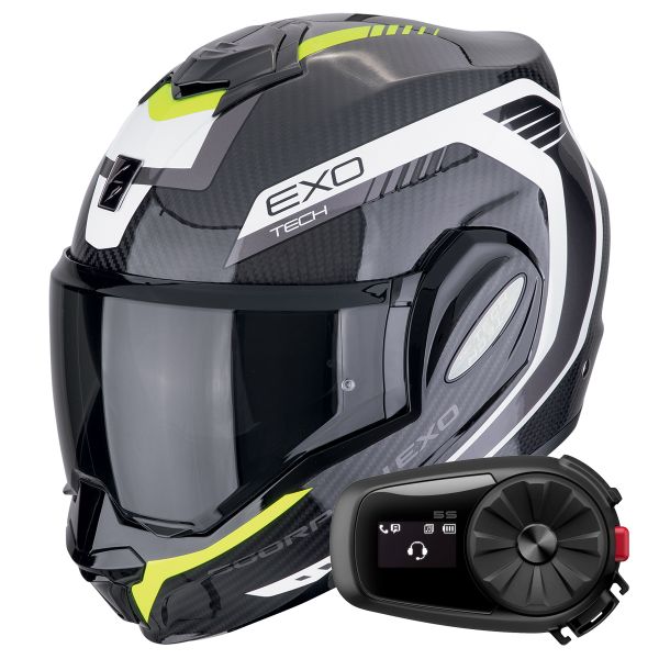 Modulare Apribile Scorpion Exo Tech Evo Carbon Cosy Black Yellow Fluo + Kit Bluetooth 5S Solo Modulare Apribile Scorpion Exo Tech Evo Carbon Cosy Black Yellow Fluo + Kit Bluetooth 5S Solo