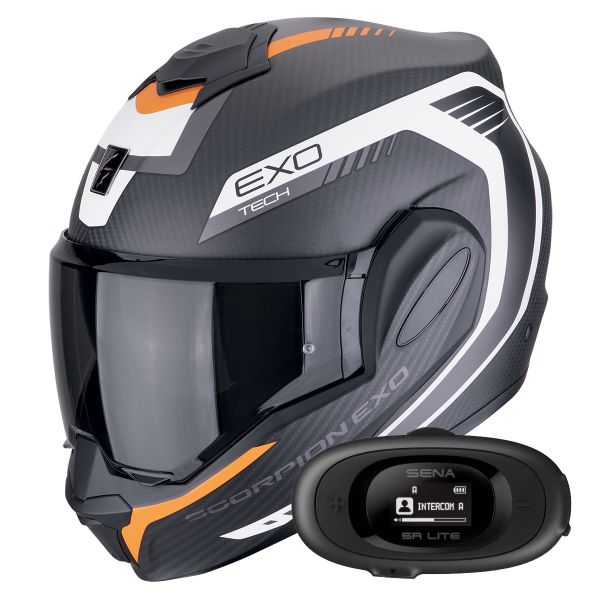 Modulare Apribile Scorpion Exo Tech Evo Carbon Cosy Matt Black Orange + Kit bluetooth 5R Lite