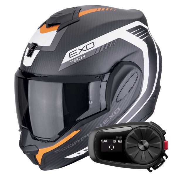 Modulare Apribile Scorpion Exo Tech Evo Carbon Cosy Matt Black Orange + Kit Bluetooth 5S Solo