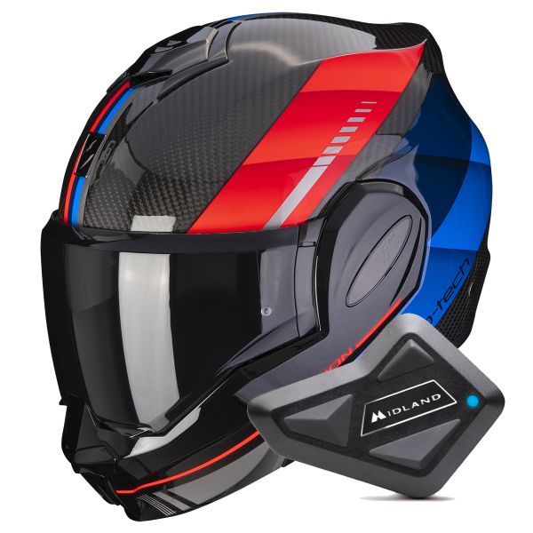 Modulare Apribile Scorpion Exo Tech Evo Carbon Genus Black Blue Red + Kit Bluetooth BT Mini