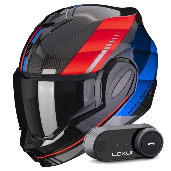 Modulare Apribile Scorpion Exo Tech Evo Carbon Genus Black Blue Red + Kit Bluetooth Lokui K30