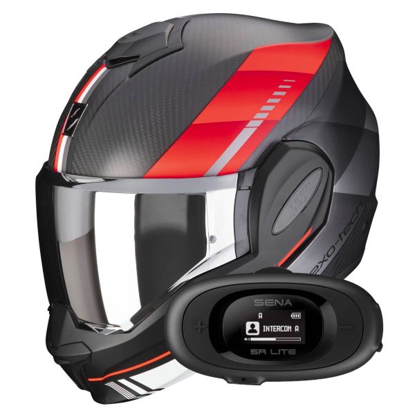 Modulare Apribile Scorpion Exo Tech Evo Carbon Genus Matt Black Red + Kit bluetooth 5R Lite