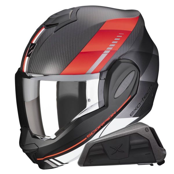 Modulare Apribile Scorpion Exo Tech Evo Carbon Genus Matt Black Red + Kit bluetooth Exo-Com Link-1