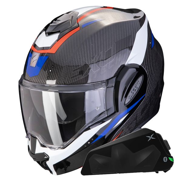 Modulare Apribile Scorpion Exo Tech Evo Carbon Rover Black Red Blue + Kit bluetooth Exo-Com Link-1C