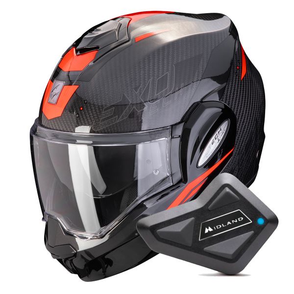Modulare Apribile Scorpion Exo Tech Evo Carbon Rover Black Red + Kit Bluetooth BT Mini