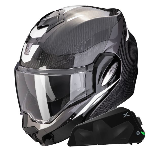 Modulare Apribile Scorpion Exo Tech Evo Carbon Rover Black White + Kit bluetooth Exo-Com Link-1C