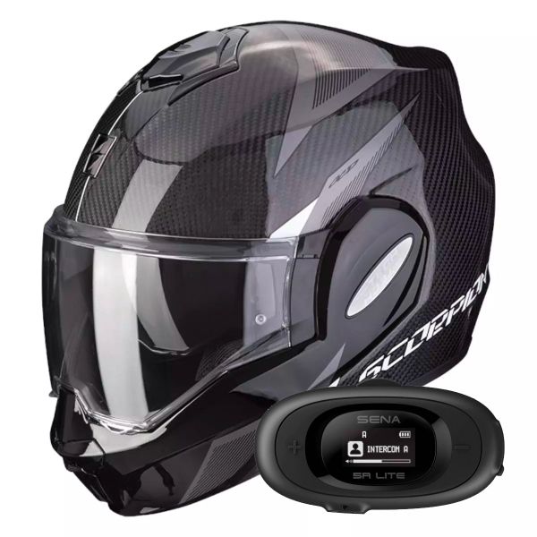 Modulare Apribile Scorpion Exo Tech Evo Carbon Top Black White + Kit bluetooth 5R Lite