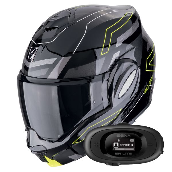 Modulare Apribile Scorpion Exo Tech Evo Conquer Black Yellow Fluo + Kit bluetooth 5R Lite Solo