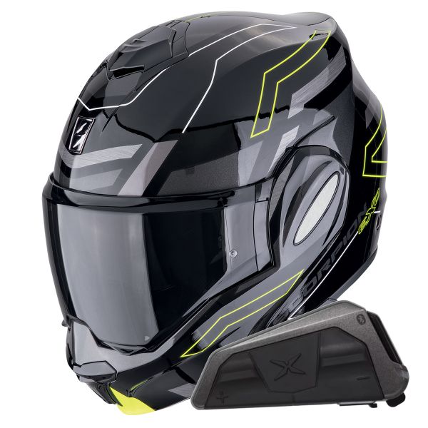 Modulare Apribile Scorpion Exo Tech Evo Conquer Black Yellow Fluo + Kit bluetooth Exo-Com Link-1 Modulare Apribile Scorpion Exo Tech Evo Conquer Black Yellow Fluo + Kit bluetooth Exo-Com Link-1