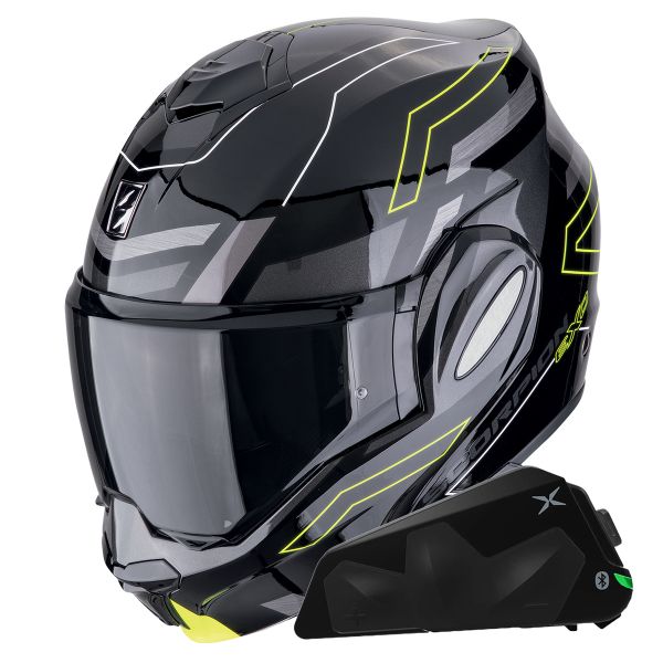 Modulare Apribile Scorpion Exo Tech Evo Conquer Black Yellow Fluo + Kit bluetooth Exo-Com Link-1C Modulare Apribile Scorpion Exo Tech Evo Conquer Black Yellow Fluo + Kit bluetooth Exo-Com Link-1C