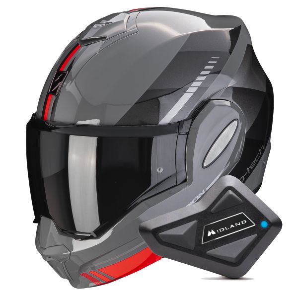 Modulare Apribile Scorpion Exo Tech Evo Genre Grey Black Red + Kit Bluetooth BT Mini