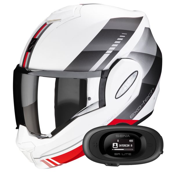 Modulare Apribile Scorpion Exo Tech Evo Genre Matt White Silver Red + Kit bluetooth 5R Lite