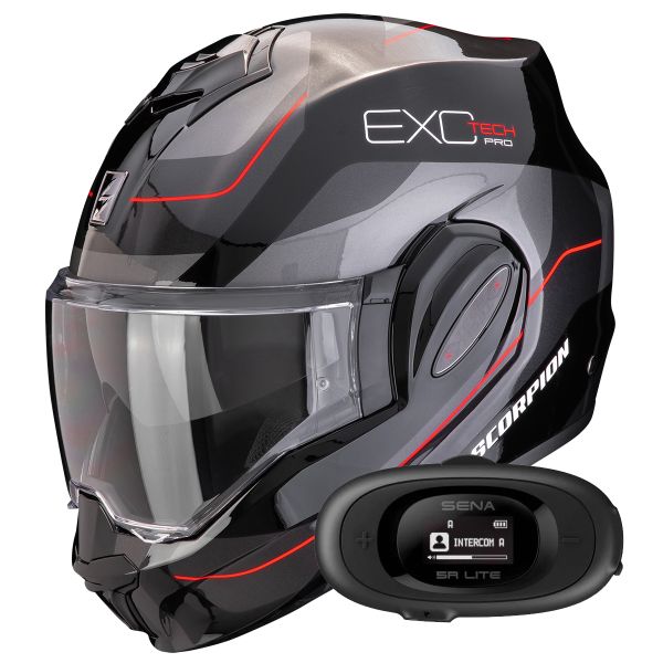 Modulare Apribile Scorpion Exo Tech Evo Pro Commuta Black Silver Red + Kit bluetooth 5R Lite