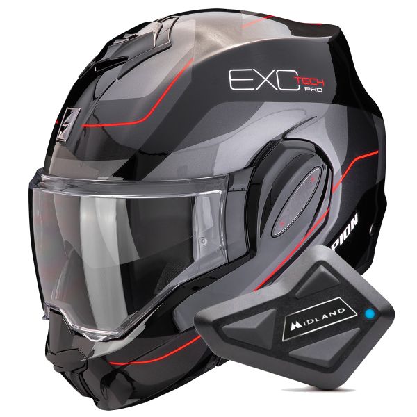 Modulare Apribile Scorpion Exo Tech Evo Pro Commuta Black Silver Red + Kit Bluetooth BT Mini