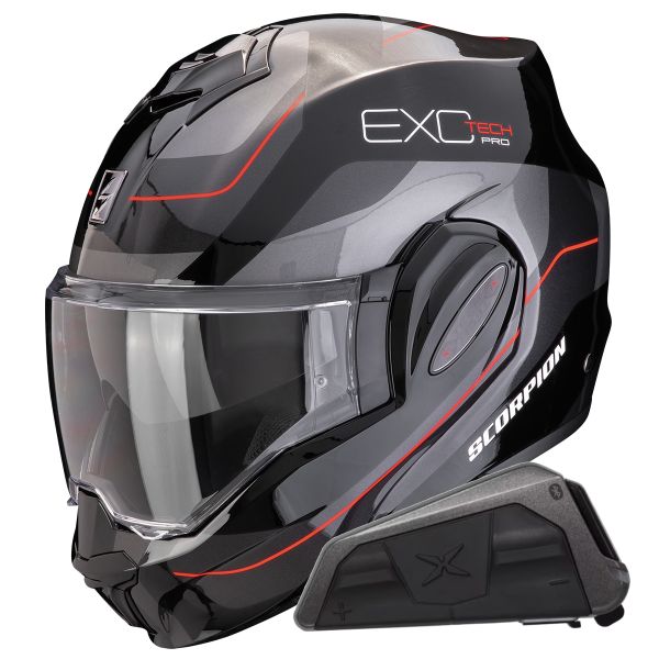 Modulare Apribile Scorpion Exo Tech Evo Pro Commuta Black Silver Red + Kit bluetooth Exo-Com Link-1