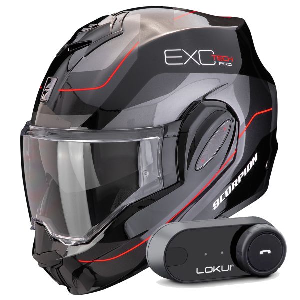 Modulare Apribile Scorpion Exo Tech Evo Pro Commuta Black Silver Red + Kit Bluetooth Lokui K30