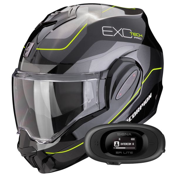 Modulare Apribile Scorpion Exo Tech Evo Pro Commuta Black Silver Yellow + Kit bluetooth 5R Lite