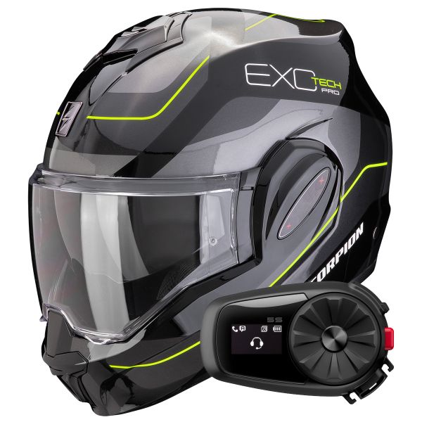 Modulare Apribile Scorpion Exo Tech Evo Pro Commuta Black Silver Yellow + Kit Bluetooth 5S