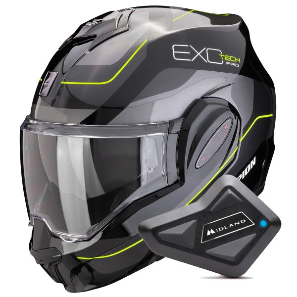 Modulare Apribile Scorpion Exo Tech Evo Pro Commuta Black Silver Yellow + Kit Bluetooth BT Mini