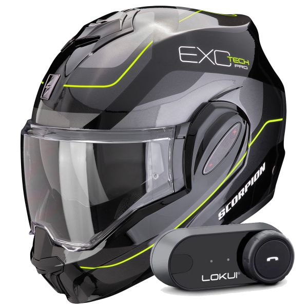 Modulare Apribile Scorpion Exo Tech Evo Pro Commuta Black Silver Yellow + Kit Bluetooth Lokui K30