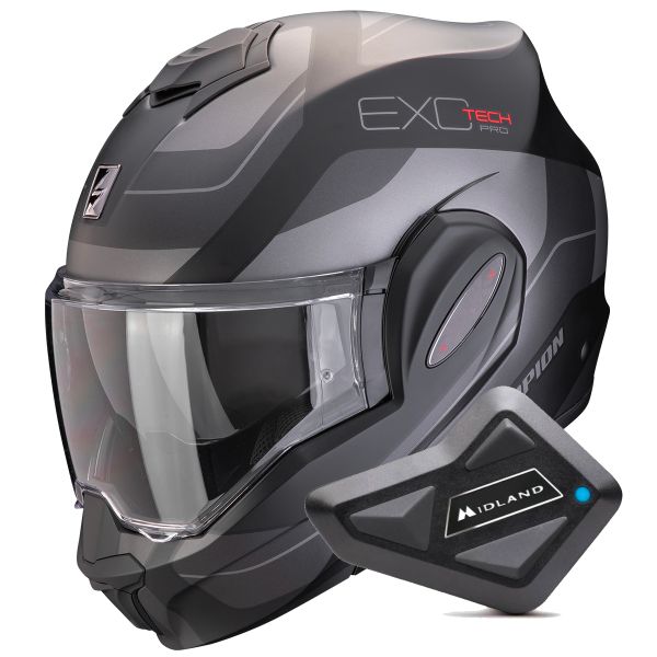 Modulare Apribile Scorpion Exo Tech Evo Pro Commuta Matt Black Silver + Kit Bluetooth BT Mini