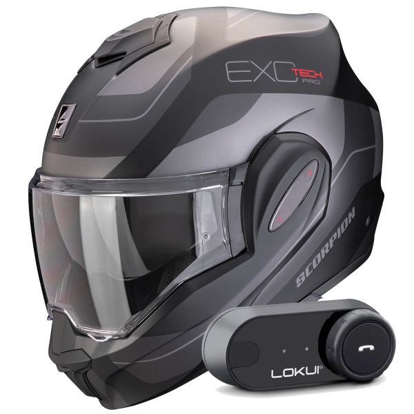 Modulare Apribile Scorpion Exo Tech Evo Pro Commuta Matt Black Silver + Kit Bluetooth Lokui K30
