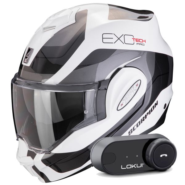 Modulare Apribile Scorpion Exo Tech Evo Pro Commuta White Silver + Kit Bluetooth Lokui K30