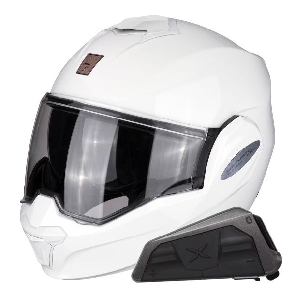 Modulare Apribile Scorpion Exo Tech Evo Solid White + Kit bluetooth Exo-Com Link-1 Modulare Apribile Scorpion Exo Tech Evo Solid White + Kit bluetooth Exo-Com Link-1