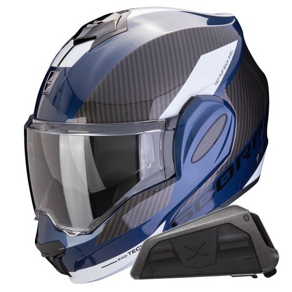 Modulare Apribile Scorpion Exo Tech Evo Team Blue Black White + Kit bluetooth Exo-Com Link-1