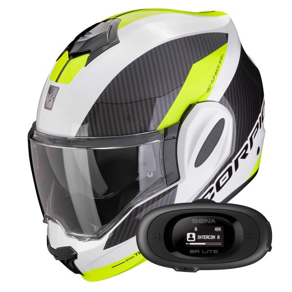 Modulare Apribile Scorpion Exo Tech Evo Team White Yellow Fluo + Kit bluetooth 5R Lite Solo