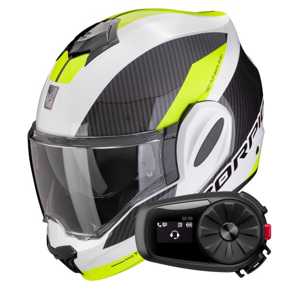 Modulare Apribile Scorpion Exo Tech Evo Team White Yellow Fluo + Kit Bluetooth 5S Solo