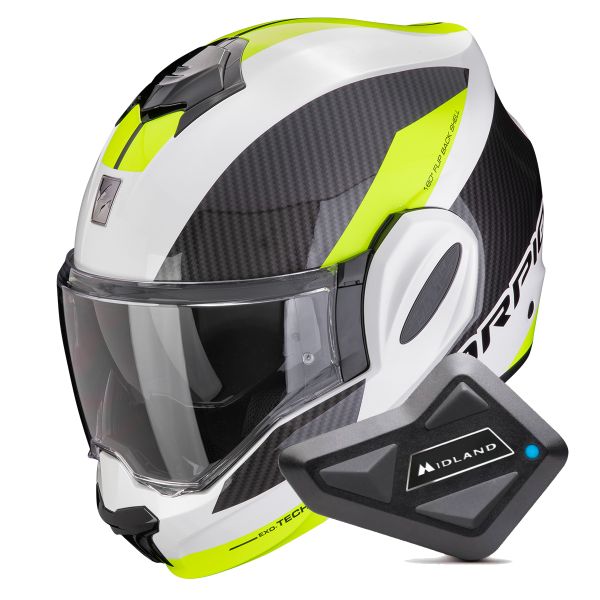 Modulare Apribile Scorpion Exo Tech Evo Team White Yellow Fluo + Kit Bluetooth BT Mini